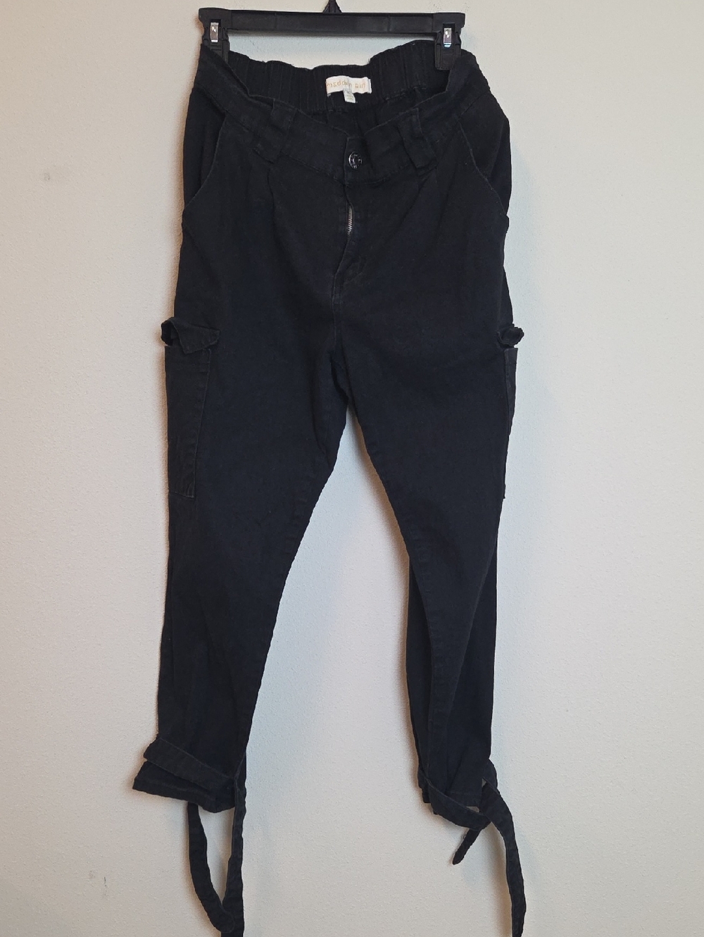 Madden Girl Stretch Black Tie-Hem Cargo Pants with Side Flap Pockets Size XL